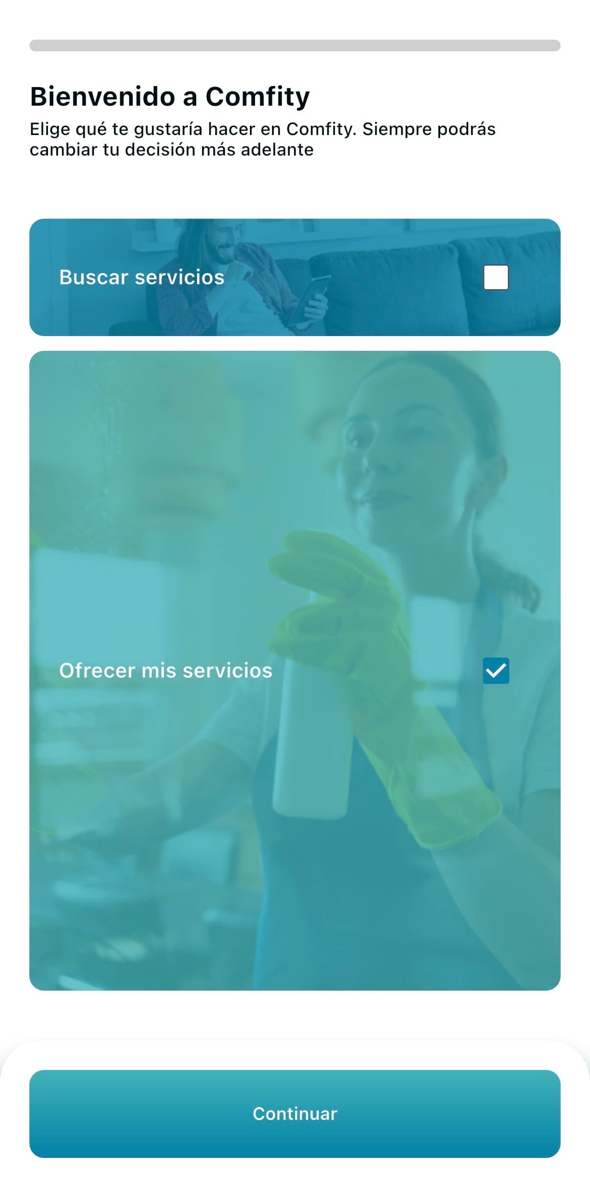 Pantalla para elegir tipo de cuenta en Comfity