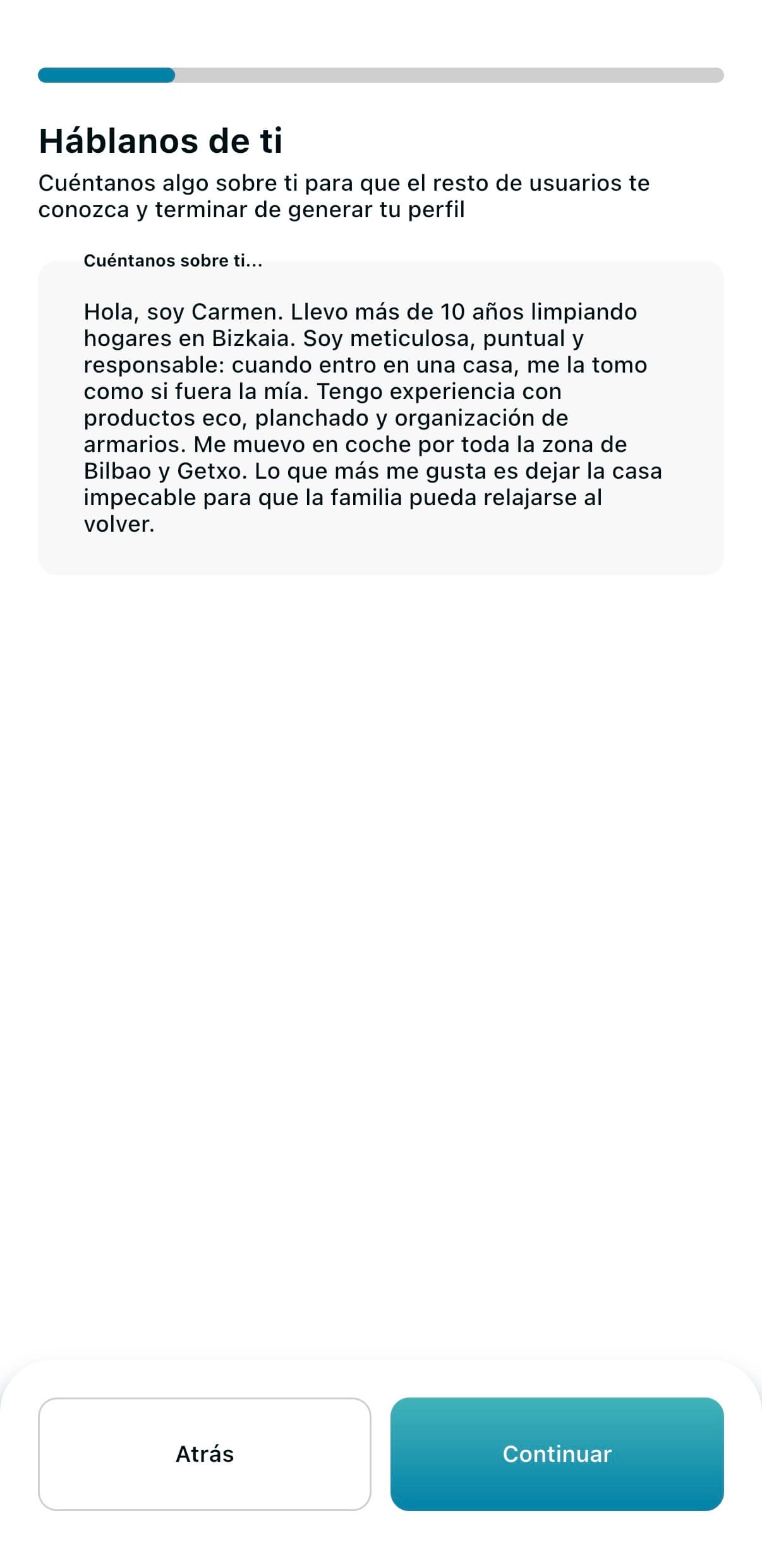 Pantalla de descripción personal o bio en Comfity