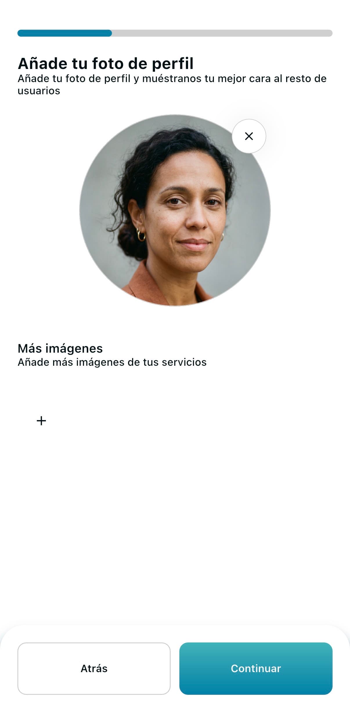 Pantalla para subir foto de perfil en Comfity