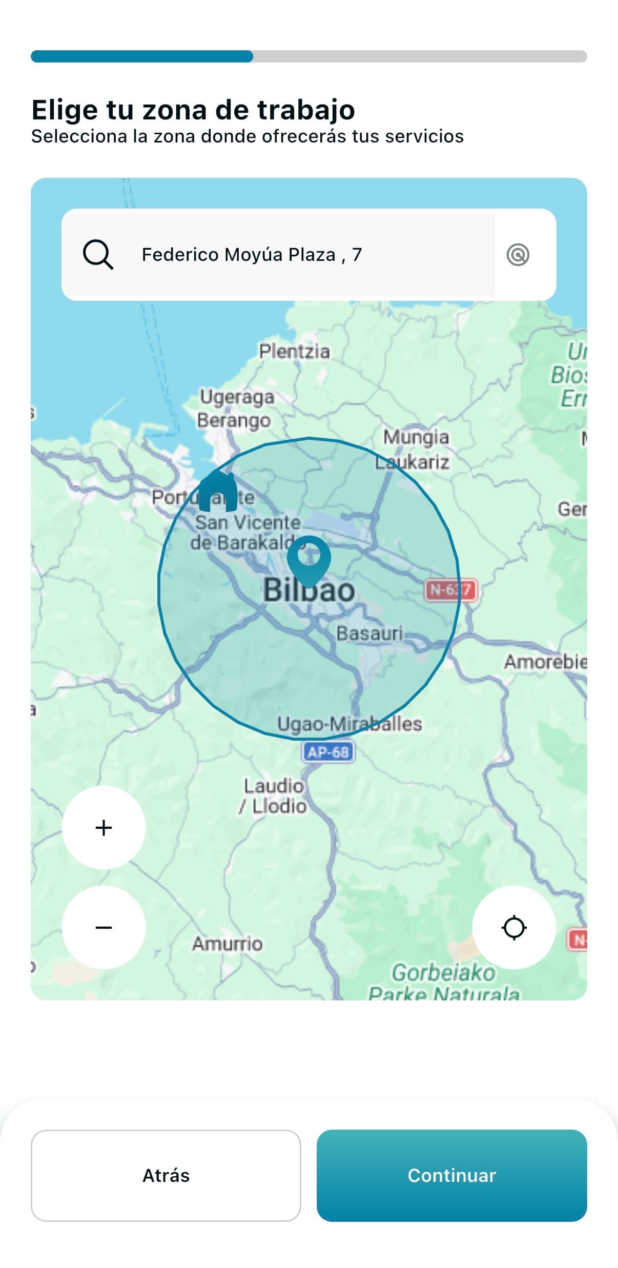 Pantalla de zona y radio de trabajo en Comfity