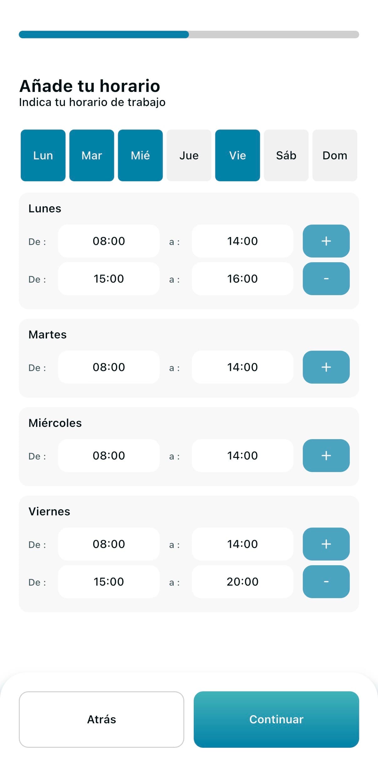 Pantalla de horario y disponibilidad en Comfity
