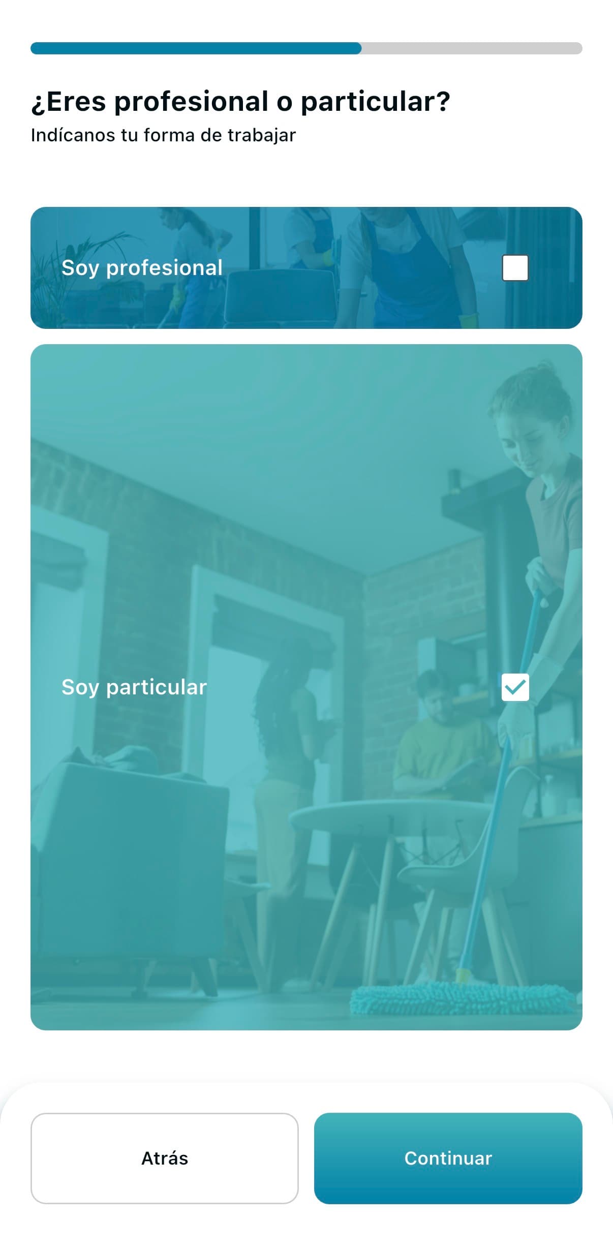 Pantalla para elegir si eres autónomo o particular en Comfity