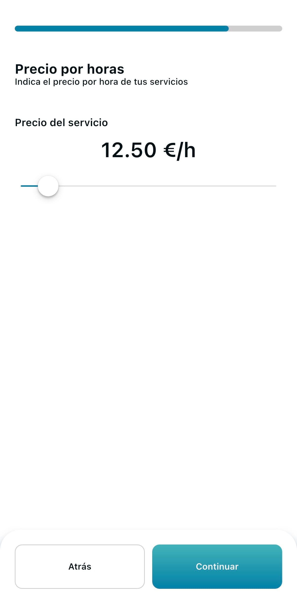 Pantalla para fijar el precio por hora en Comfity